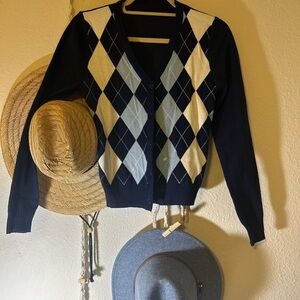 Blue and White Long Sleeve Tee with Argyle Pattern